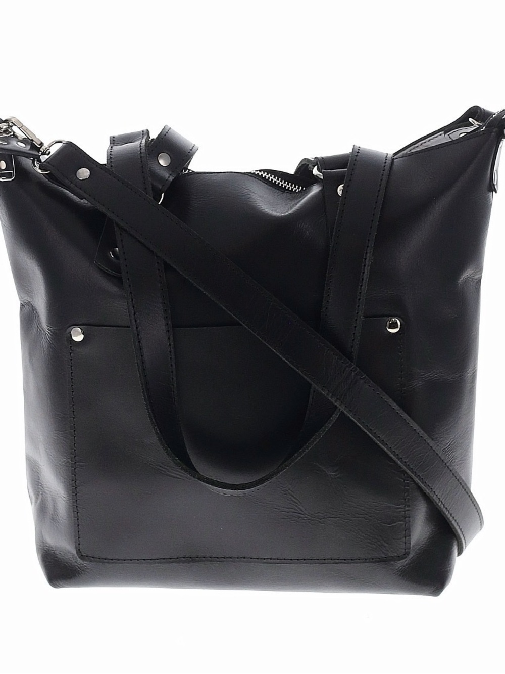 Everyday Black Leather Tote with Crossbody Strap
